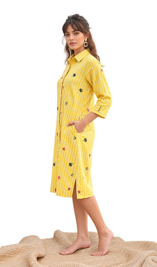 Sunshore Collar Yellow Midi Dress